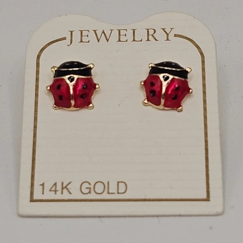 14KT Gold Ladybug Enamel Stud Screw Back Earrings 8mm